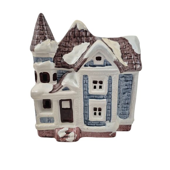 Lidco Ceramic Chirstmas House Glossy Blue Brown Snow Capped Lighted Vintage - Picture 2 of 10